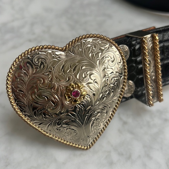 al beres Accessories - al beres  Engraved Heart Buckle Black Moc Croc Leather Belt   M/37”